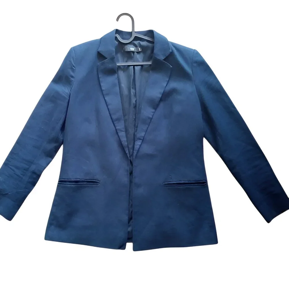 Mango Basics Women's Open Front Blazer Linen Blend Long Sleeve Blue Size Small - Picture 2 of 7